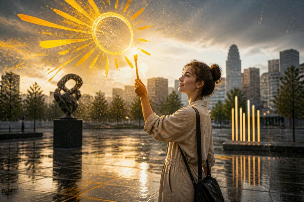 découvrez une poésie vibrante et un espoir lumineux dans l'art contemporain à travers 'elle viendra un jour de pluie dessiner le soleil', une œuvre qui célèbre la beauté et la résilience.