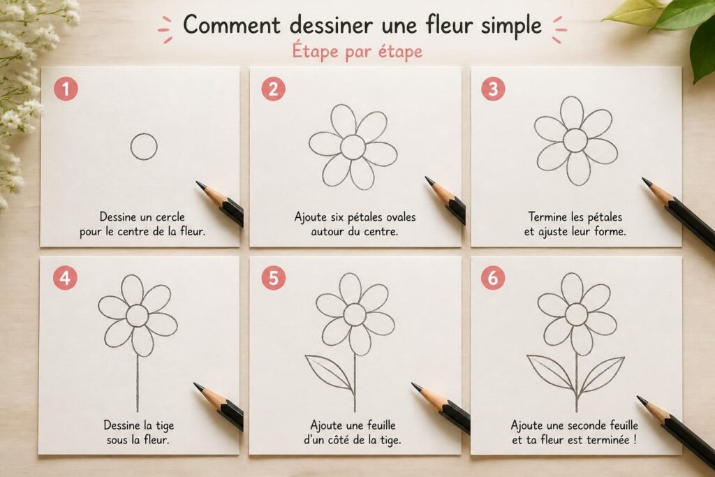 apprenez à dessiner une fleur facile grâce à notre guide pas à pas, idéal pour les enfants et les débutants. suivez les étapes simples pour créer de jolis dessins floraux en un rien de temps !
